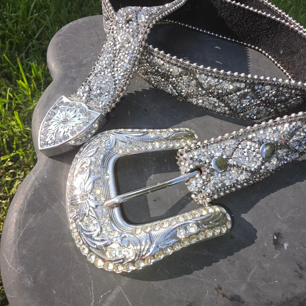 Western Rhinestone Crystal Belt Genuine Leather Silver Buckle Y2K Cowgirl S/M